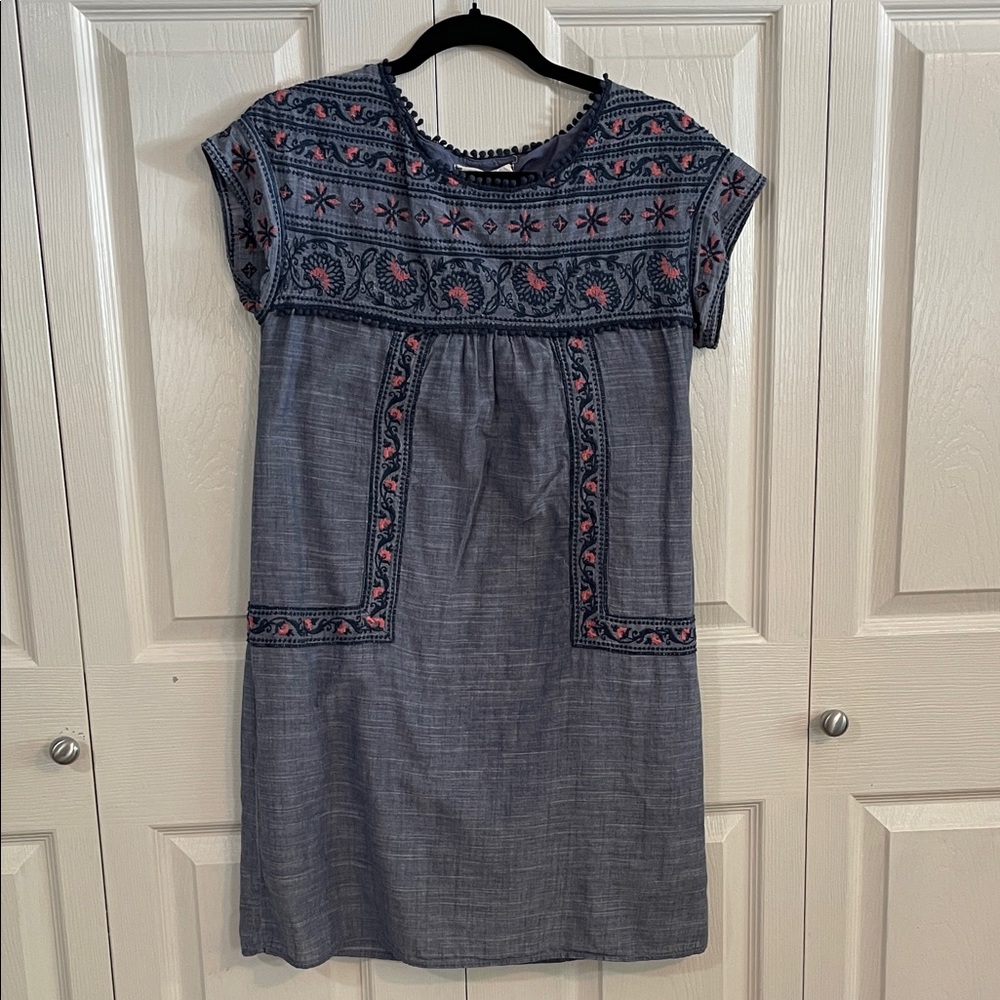 Chelsea & Violet Cotton Dress with Denim like look with Pink Embroidery
